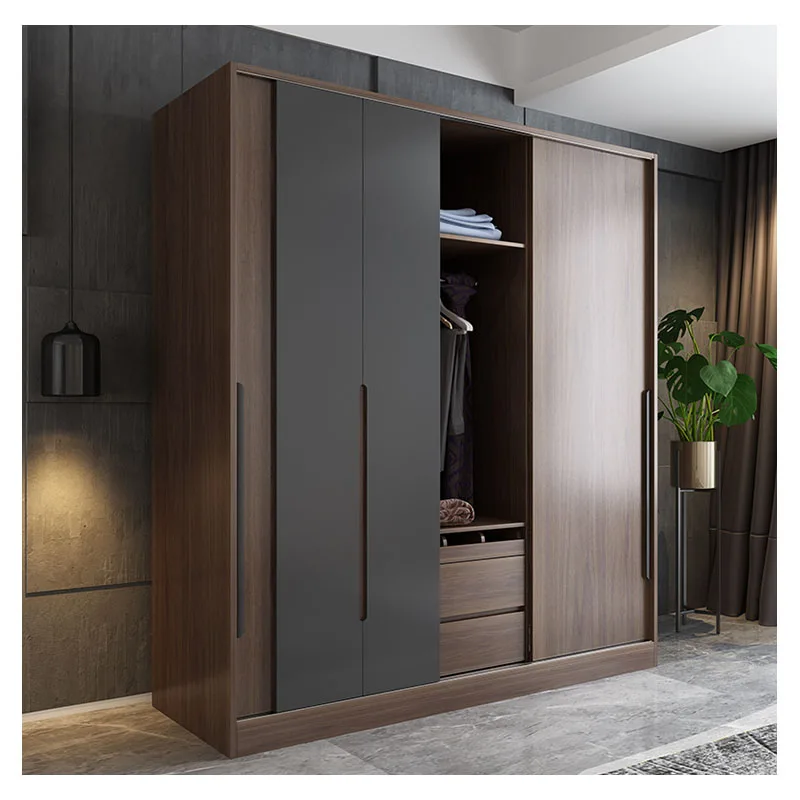 
Nordic minimalist bedroom sliding door modern style home walnut color assembly three-door wardrobe 
