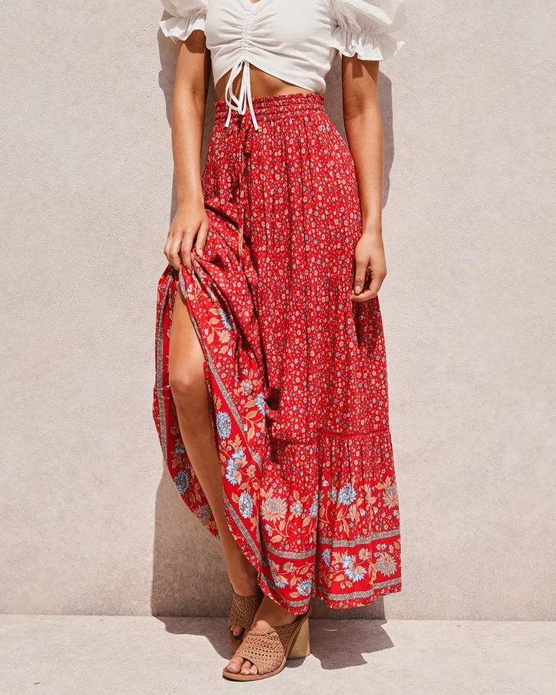 Red Bohemian Print Woman Skirts Casual printed holiday long skirt summer elegant ladies printed bottoms Rayon Maxi Skirt