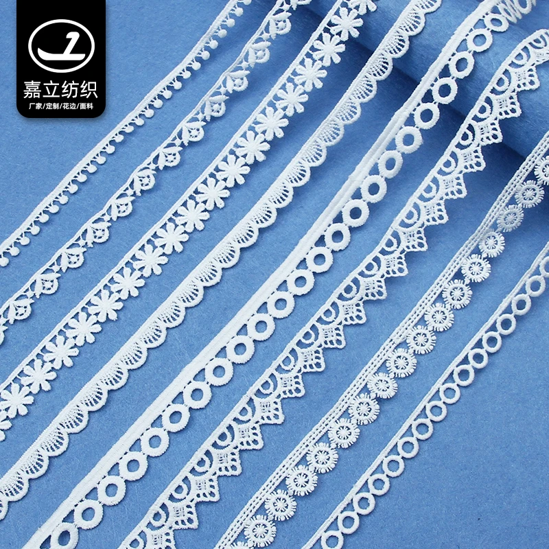 Garment accessories manufacturers sell hot water-soluble 100% polyester embroidery white lace trim for decorative clothing