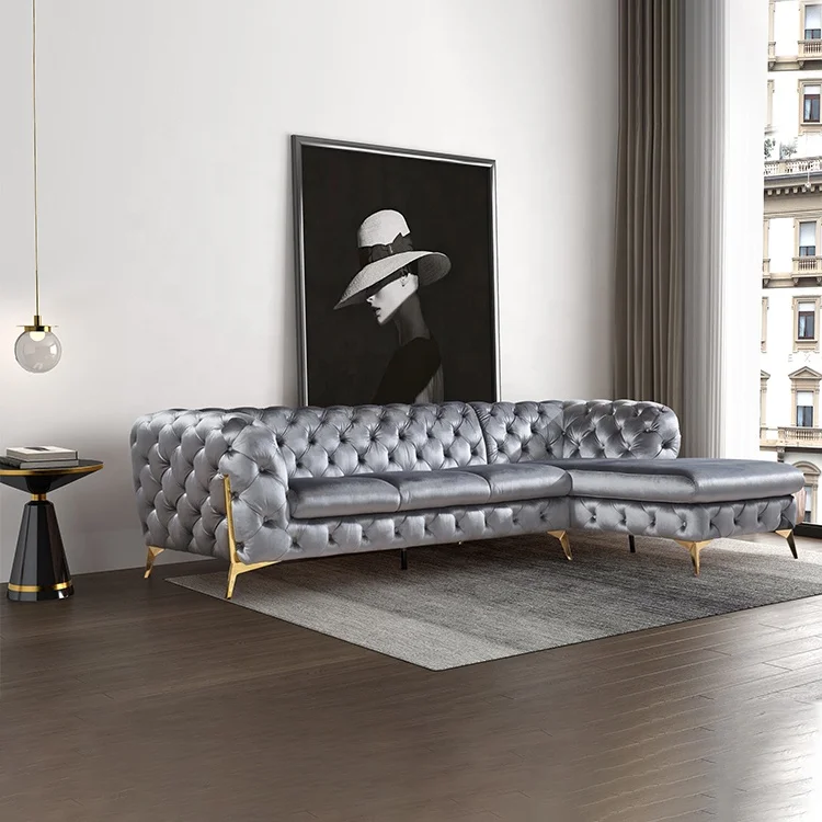 Современный классический L-образный диван, секционный бархатный диван chesterfield, деревянный диван-кровать для гостиной, мебель для отдыха