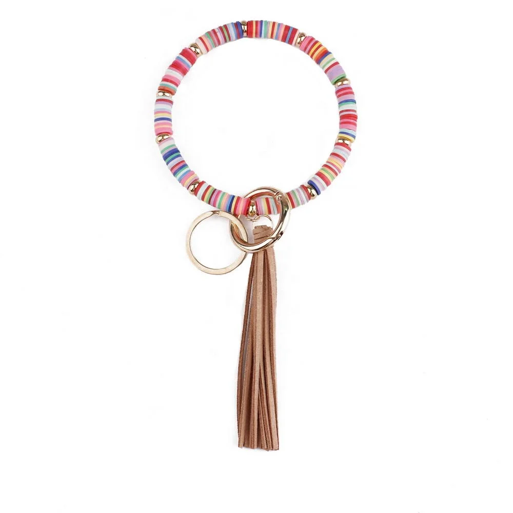 Boho Heishi Polymer Clay Disc Beads Circle Keychain Velvet Suede Tassel Wristlet Bracelets for Women Surf Jewelry Wholesale