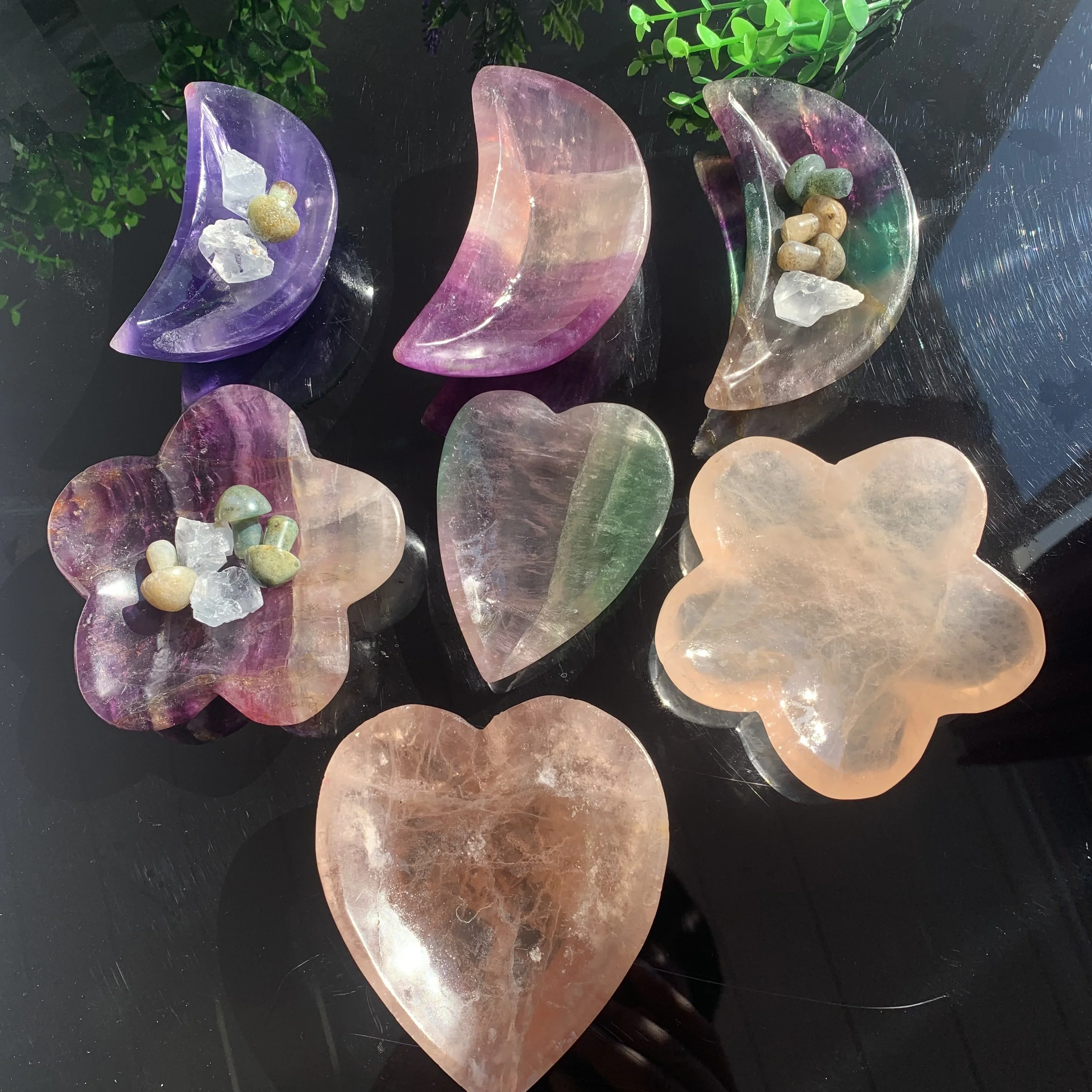 Hot sell cheap price natural hand-carved rainbow Flourite quartz moon flower heart shape bowls for decoration