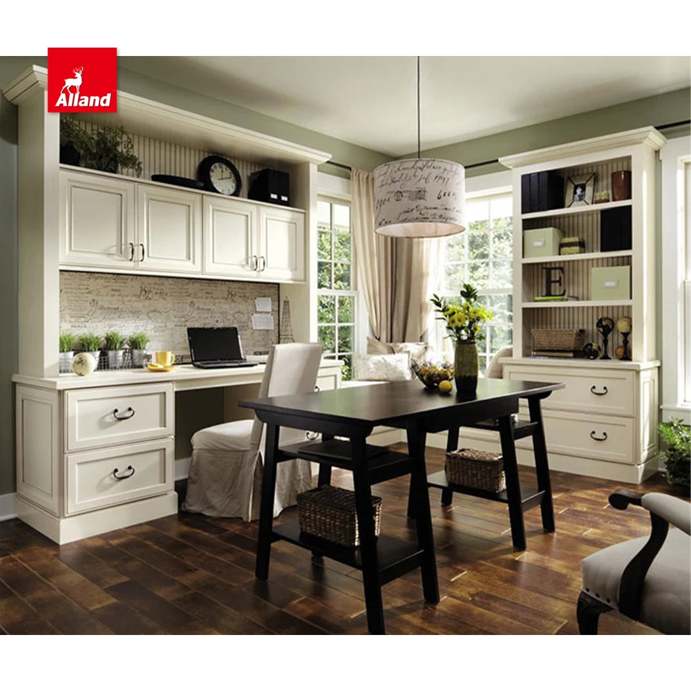 AllandCabinet Good Price Custom White Painting Nature Wood Office Furniture Cabinets with Recessed Beaded Panel Open Shelves