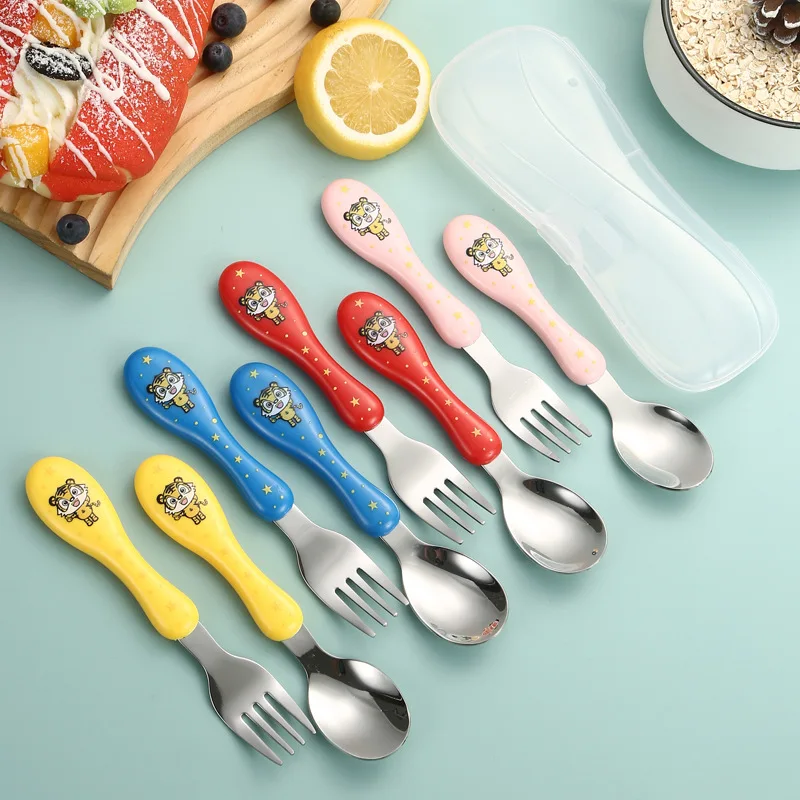 MAIMAI 304 Stainless Steel Baby Food tableware children colorful spoon fork with cute tiger handle and box 3 pcs set