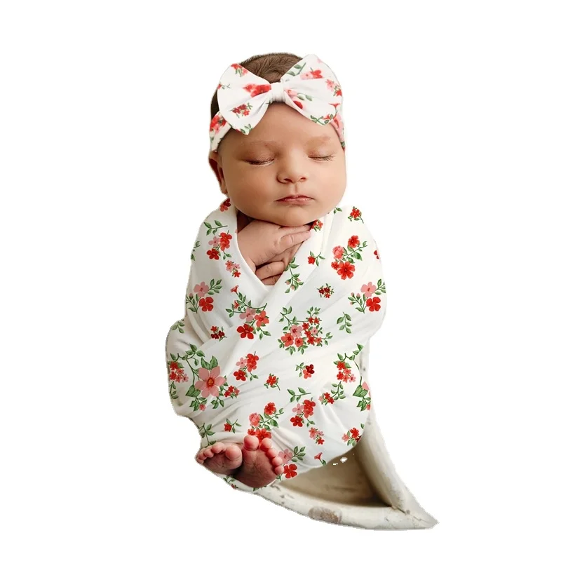 
Custom bamboo baby Blanket Newborn baby Swaddle Bundle with Knotted Hat and Knotted Gown 