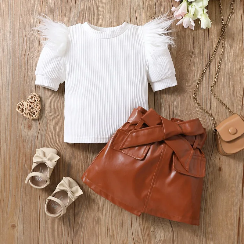 Summer Children Short Sleeve Ribbed Cotton White Tshirts Brown Leather Skirts Kids Suit for Girls