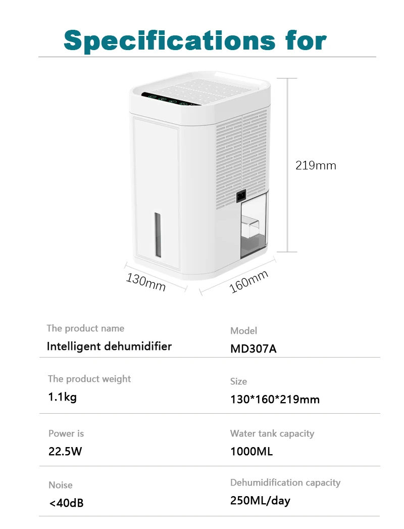 MD307A  Mini Electric Dehumidifiers Moisture Remover Ultra Quiet Moisture Absorbent Dehumidifier Color RGB for Home