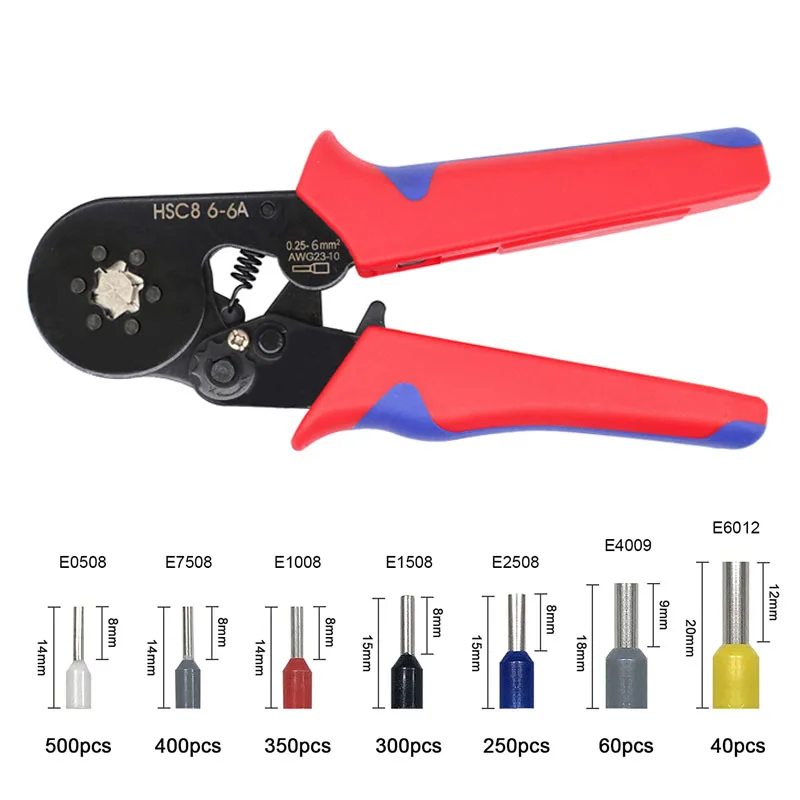 HSC8 6-6A Terminal Crimping Pliers 0.25-6mm2 23-10 AWG Tubular Ferrule 1900Pcs Wire Clamp Kit