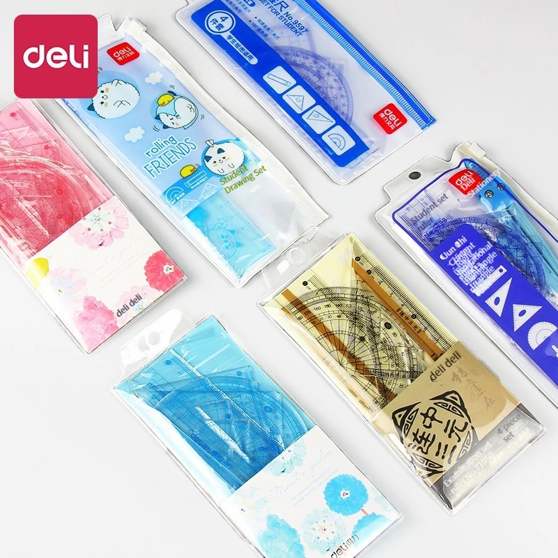 Deli 6208 high quality stationery elementary school students with a set ruler ruler triangular ruler protractor