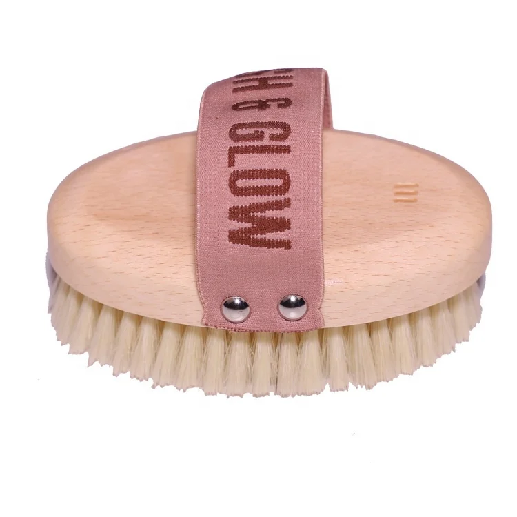 High quality soft bristles dry skin wooden bath body brush with pink belt