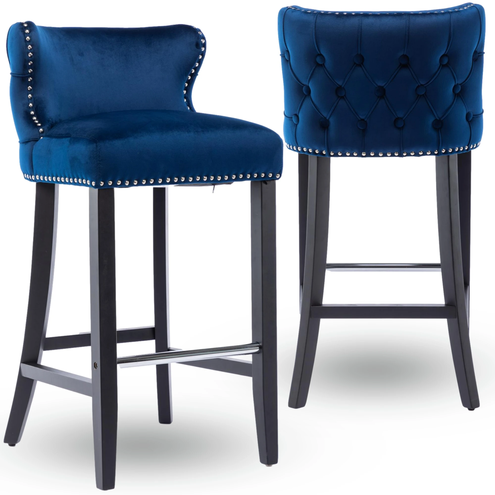 Elegant Gray Velvet Upholstered Solid Wood Bar Stool