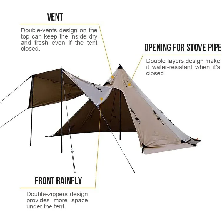 Canvas Hot Tent with Stove Jack, Wind-Proof Fire-Retardant, Durable 4 Season Camping Pyramid Teepee Tent for 2~4 Person