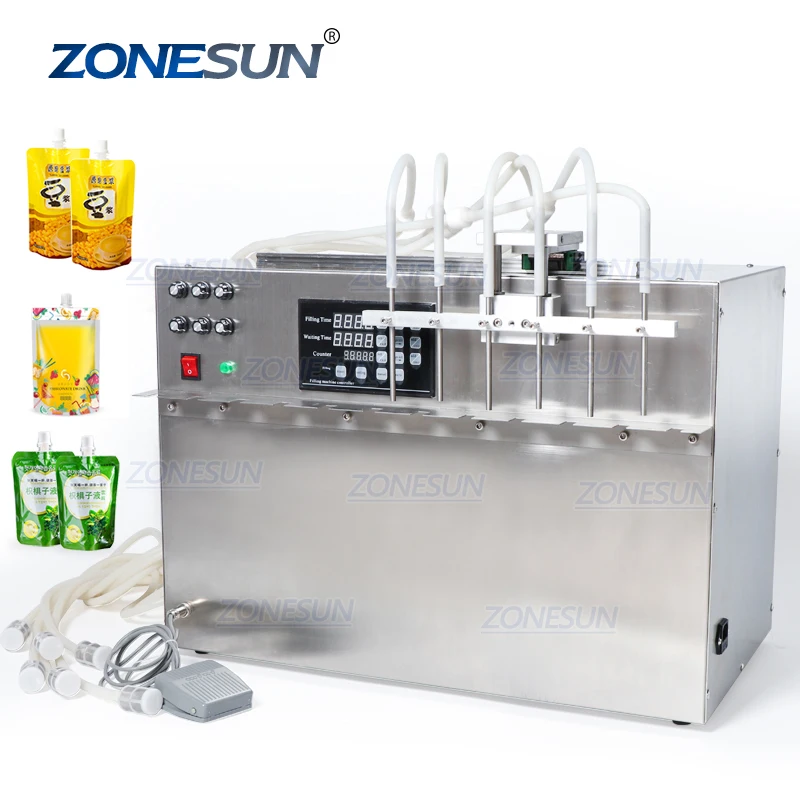 ZONESUN 6 Heads Spout Pouch Beverage Bag Liquid Filling Machine Digital Control Compact Precise Numerical Filling Machine