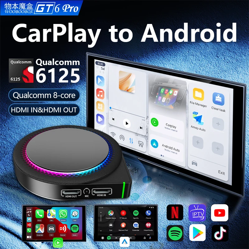 RGB Carplay Ai Box 6125 Smart T Carplay-ai-box Lite 4 64 Android 13 Wifi Пульт дистанционного управления проводной беспроводной Auto Aibox
