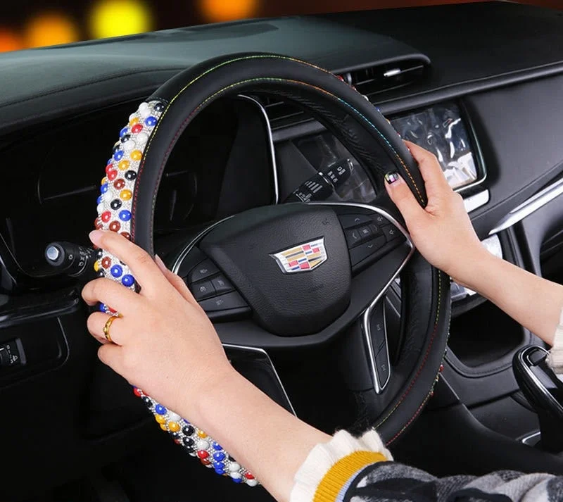 Genuine Leather Car Steering Wheel Cover With Elegant Bling Diamond And Ceramic Colors Customized