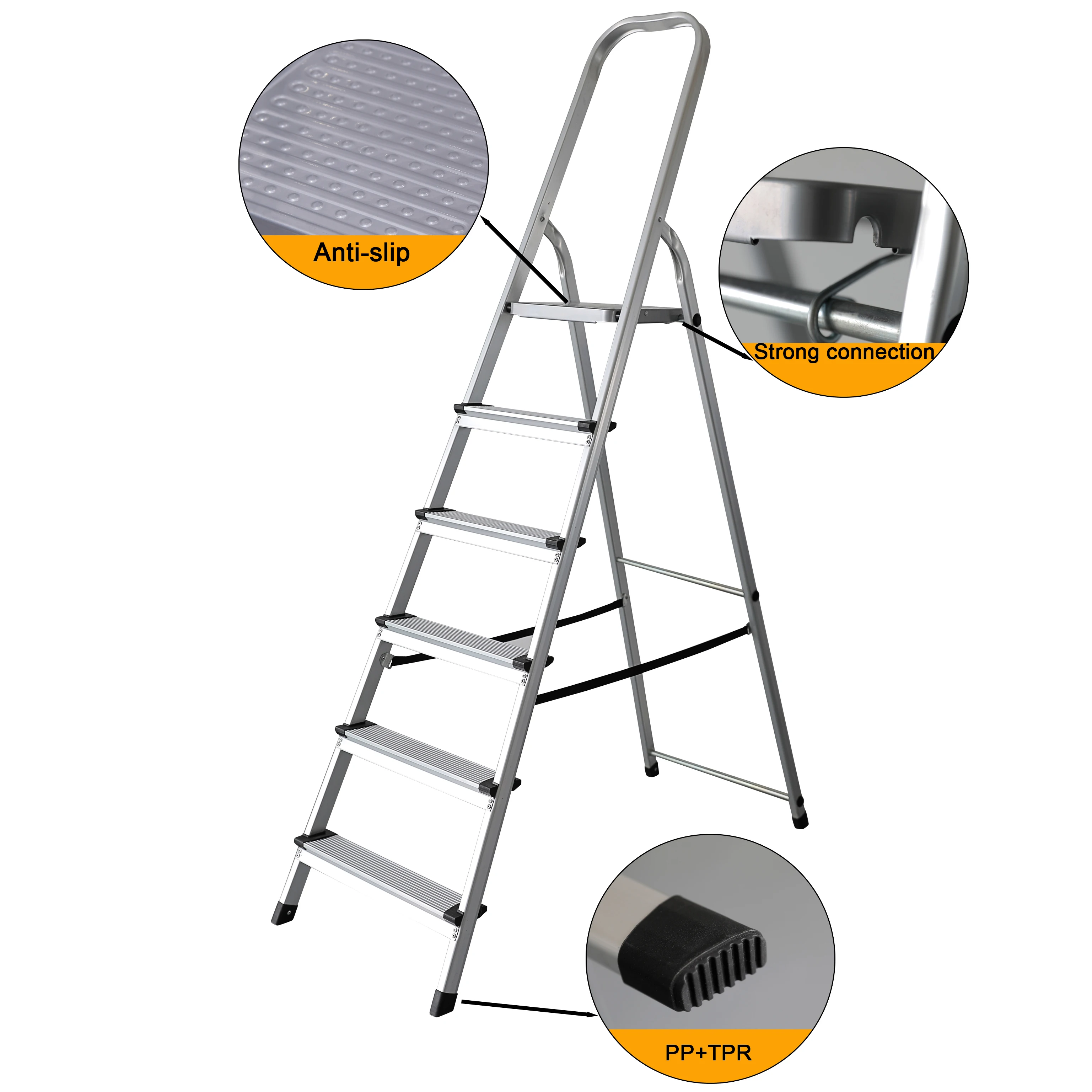 Extra wide step aluminum ladders aluminum top platform 6 step home use aluminum stepstools ladder with tool tray
