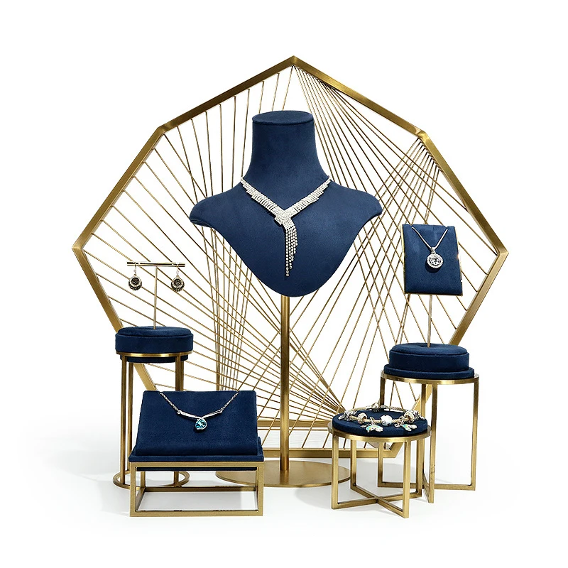 Luxury High Quality Blue Metal Wholesale custom DIY bracelet necklace ring earring holder jewelry display stand set