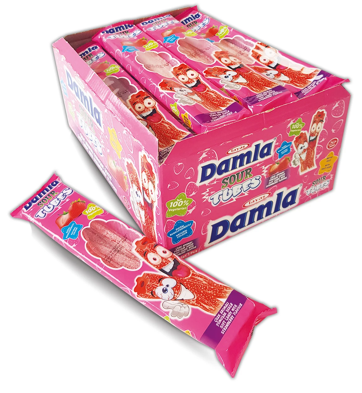 SOUR TUBULAR GUMMY CANDY WITH STRAWBERRY FLAVOR 24 PIECE A SET HALAL CERTIFICATION SOUR STRIPS