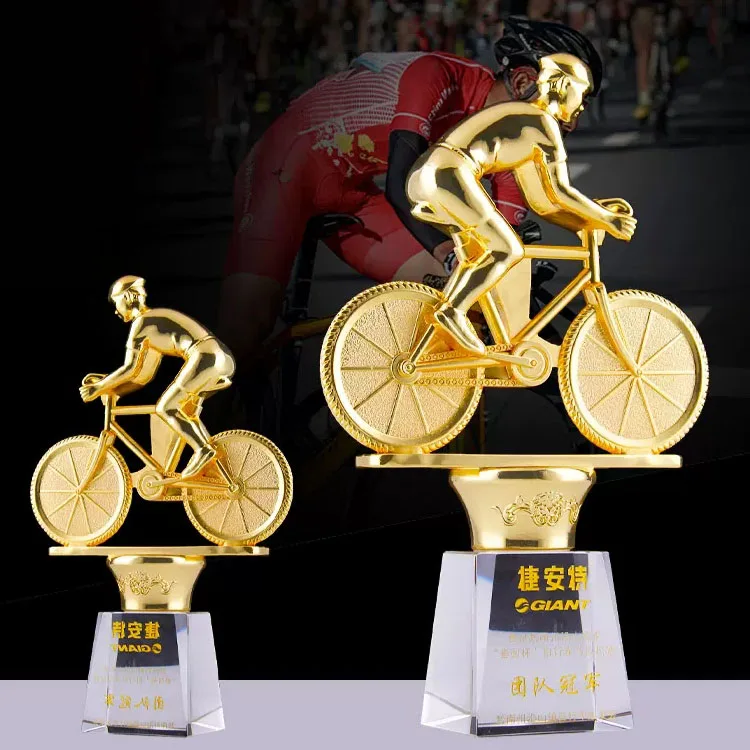 Custom Sports Award Football Metal Cycling Statue Gold Sport Trophy Cups With Black Crystal Glass Base Supplies
