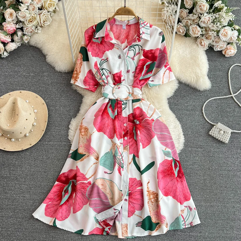 Summer Korean High-Grade Light Luxury Premium Short Sleeve Lapel And Waist Tight Slimming Single-Breasted Printed Casual Dress