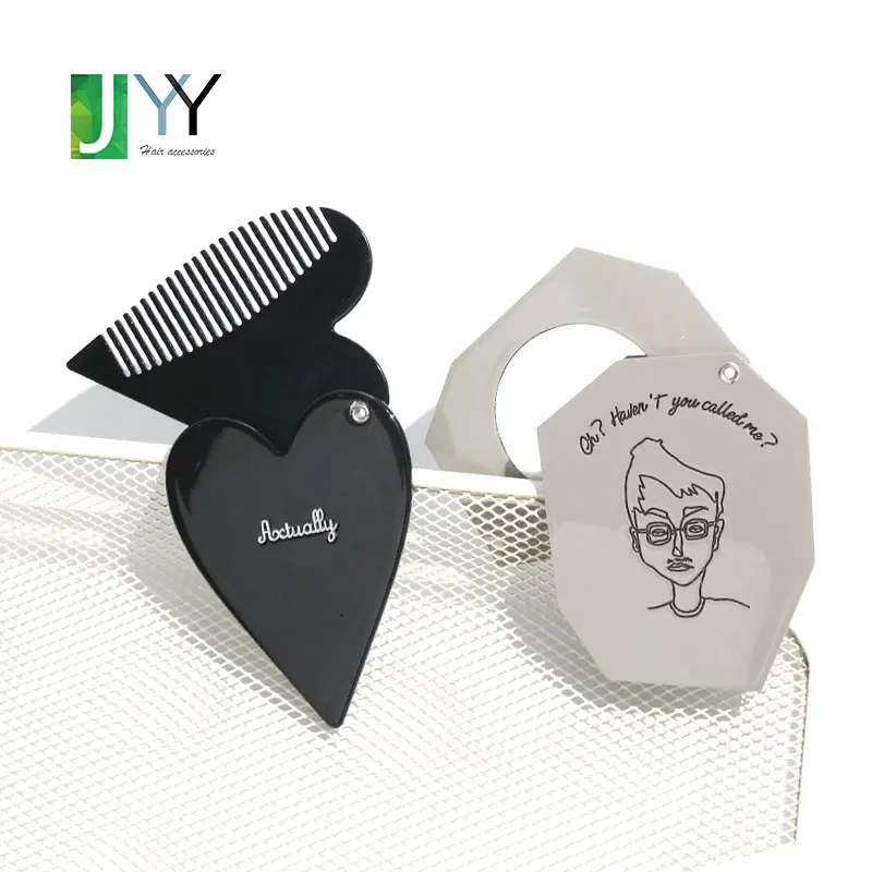 JYY wholesale new design women girls portable mirror comb folding travel pocket mirror with logo custom acetate mirror with comb
