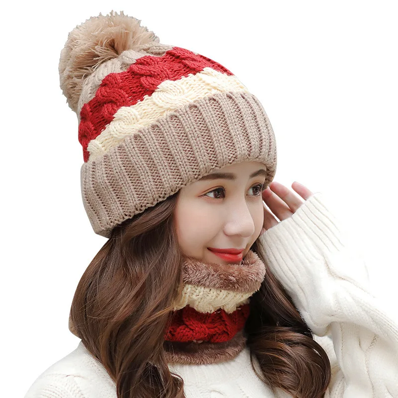 Women winter hats scarf glove 3 pieces set  acrylic knitted pom pom winter beanie hat scarf set
