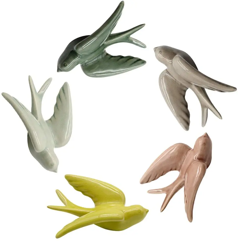 Ceramic Birds Colorful Swallows Wall Mounted Home Decor Hanging for Livingroom Set of 5