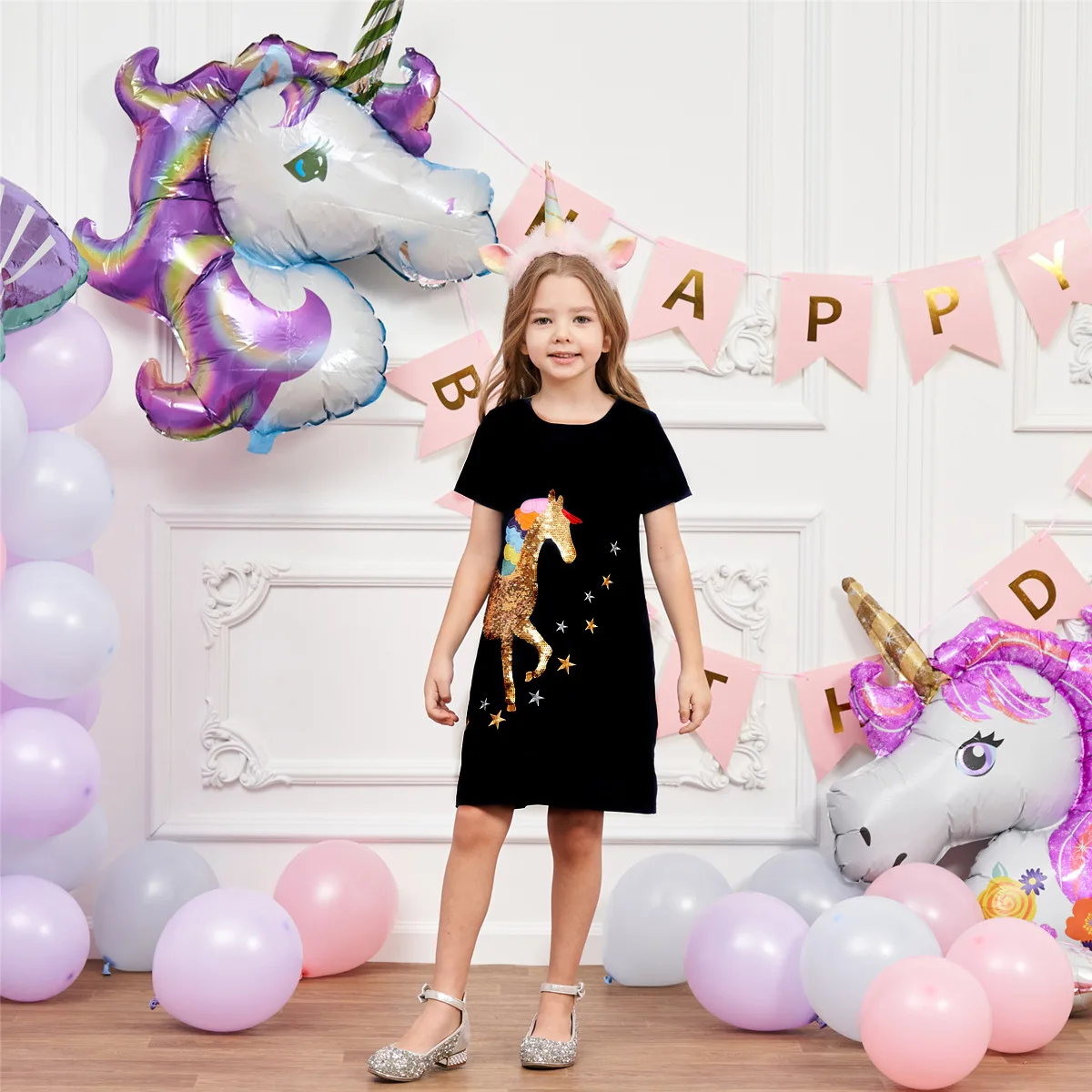 Customized Logo Kids Black Color A-Line Unicorn Sequins Girls Summer Dress 3-8 Years