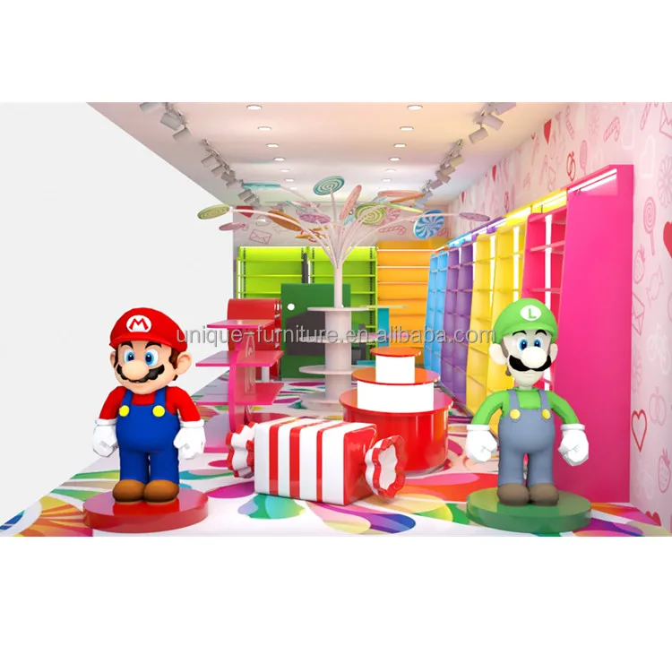 Colorful retail candy store furniture modern sweet food booth retail snack display dessert stand wall cabinet for sale