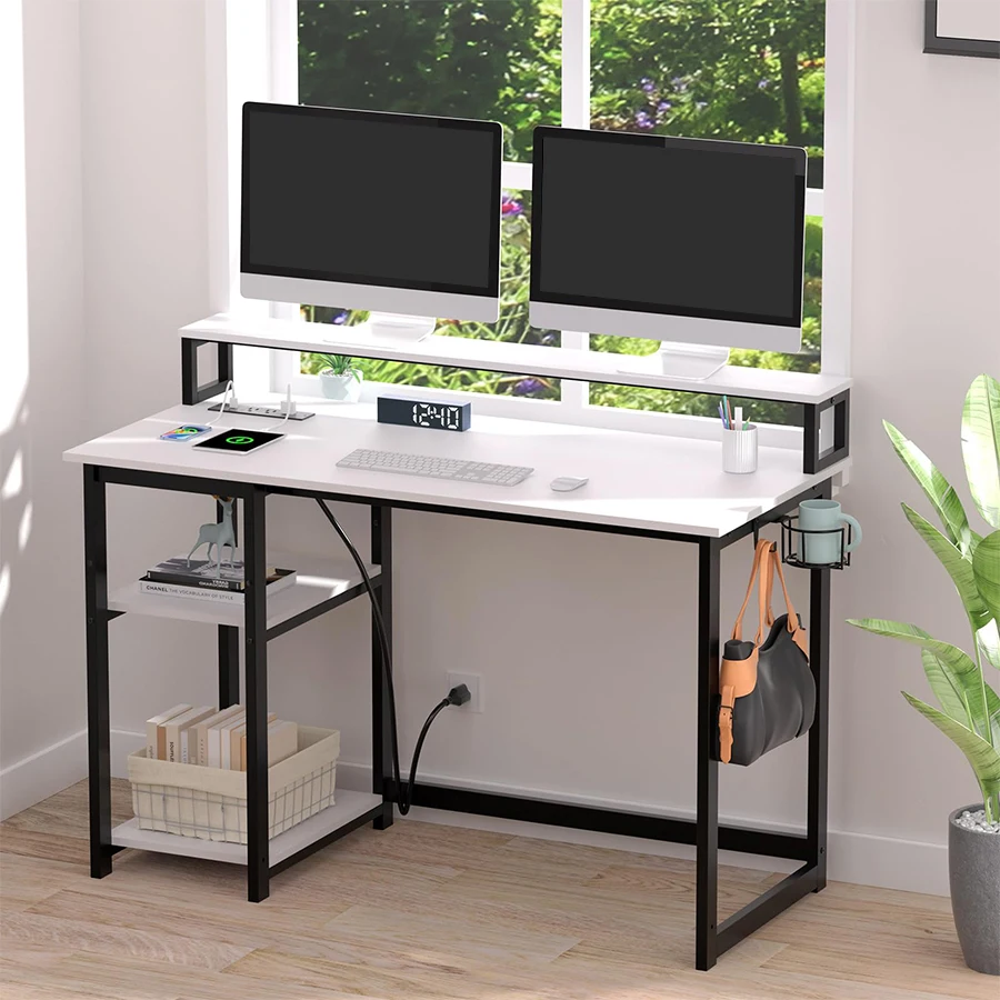 Simple Design Home Office Reversible Small Desk with Monitor Stand and Storage Shelves Power Outlet Computer Desk