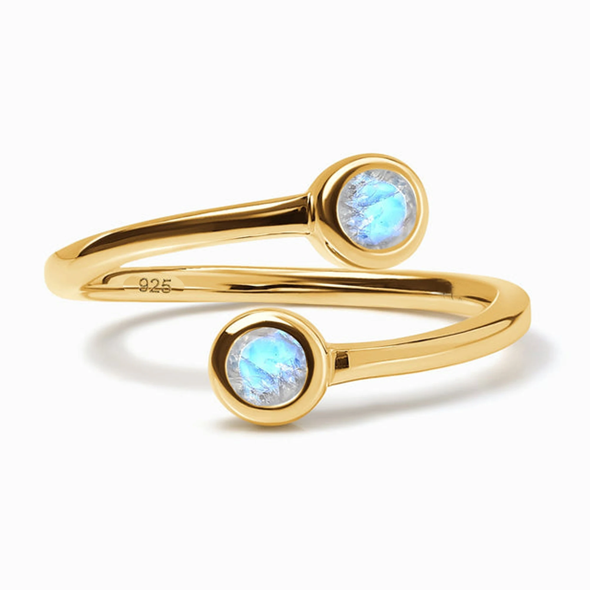Wholesale rainbow moonstone jewelry gold plated adjustable natural moonstone ring 925 sterling silver