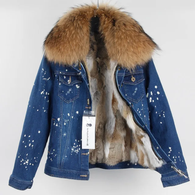 Founder 2020 New Women Mid Blue Jean Jacket Fluffy Shaggy Real Raccoon Fur Collar And Real Rabbit Fur Lining