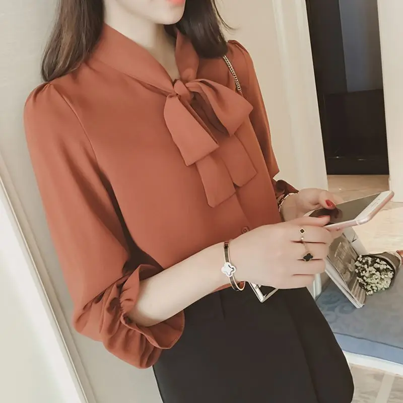 Women Pure Color Elegant White Shirt Fashion Chiffon Bow Tie Shirt