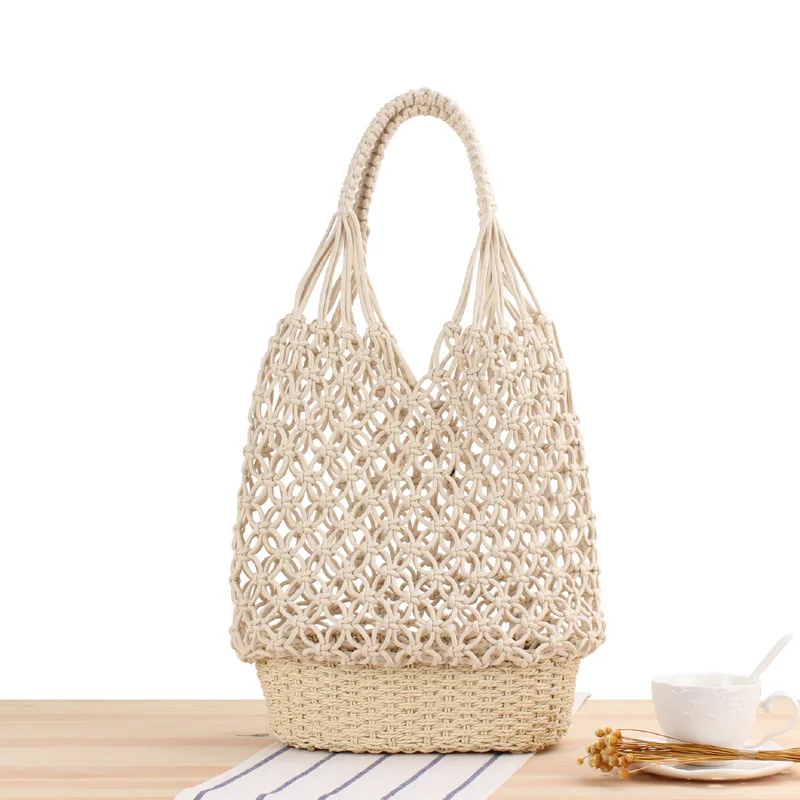 Fashion Popular Women Hand-woven Cotton Crochet Summer Beach Bag Handmade Woven Tote Shoulder Bag