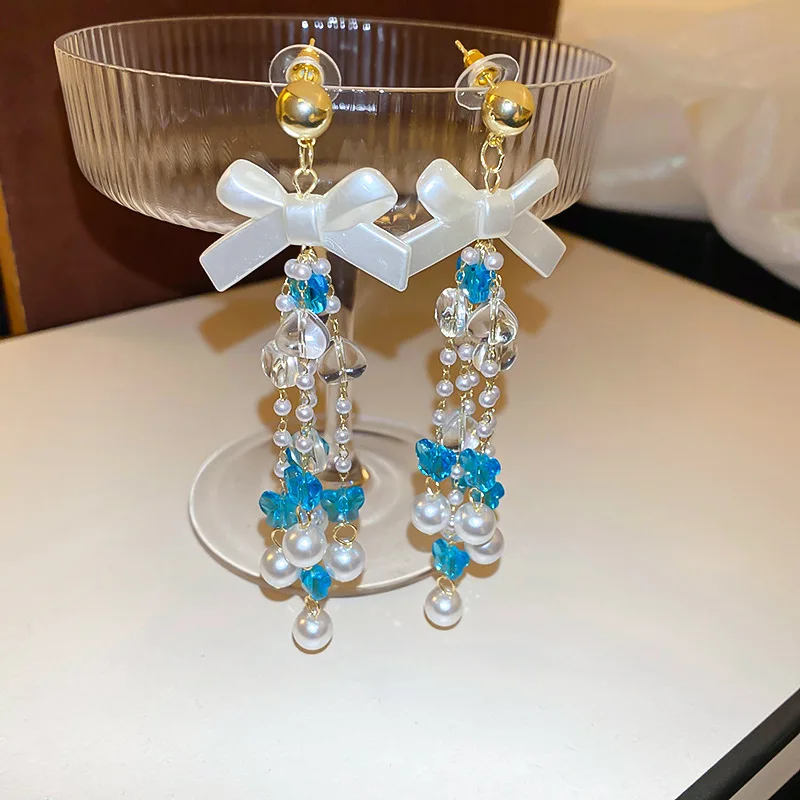 Silver Needle Bow Heart Butterfly Pearl Tassel Earrings Super Immortal Sweetness High Grade Earrings Light Luxury Earrings