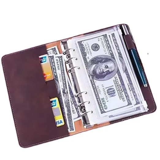 Hot Sale A6 Transparent binder pocket Waterproof loose leaf pocket Cash budget Envelope System PU Leather Notebook wallet Book