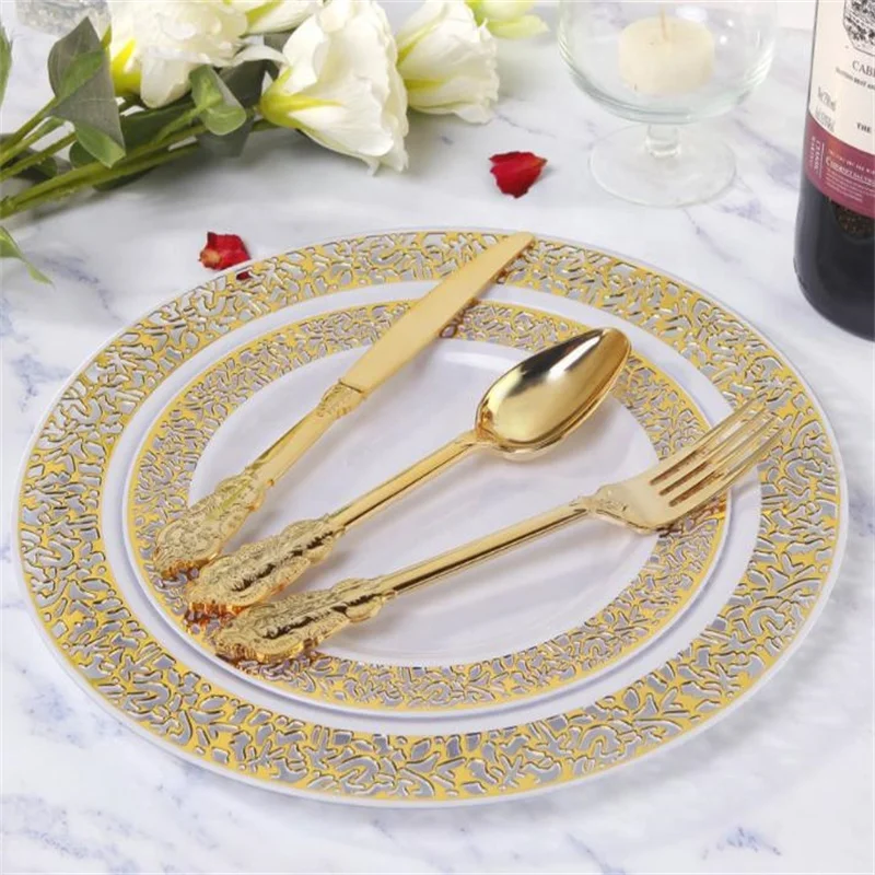 Gold Plastic Silverware Disposable Gold Rose Gold Forks Spoons and Knives, Elegant Plastic