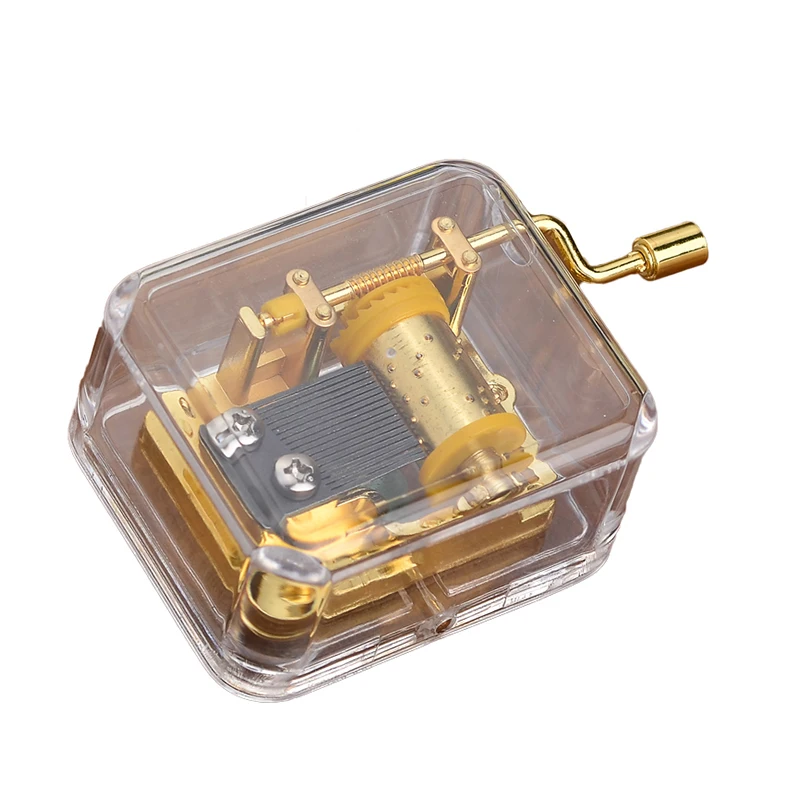clear acrylic plastic rectangle shape music box with 18 note hand crank musical movement