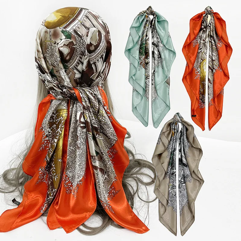 China Wholesale 2022 Spring Luxury Silk Satin Scarves Head Hijab 90x90cm Square Silk Bandana Scarf