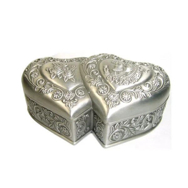Double Heart Metal Jewelry Box With Roses and Couples