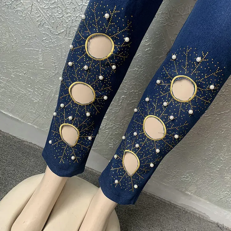 Женский Джинсовый укороченный комплект из 3 предметов с вышитым бисером логотипом на заказ