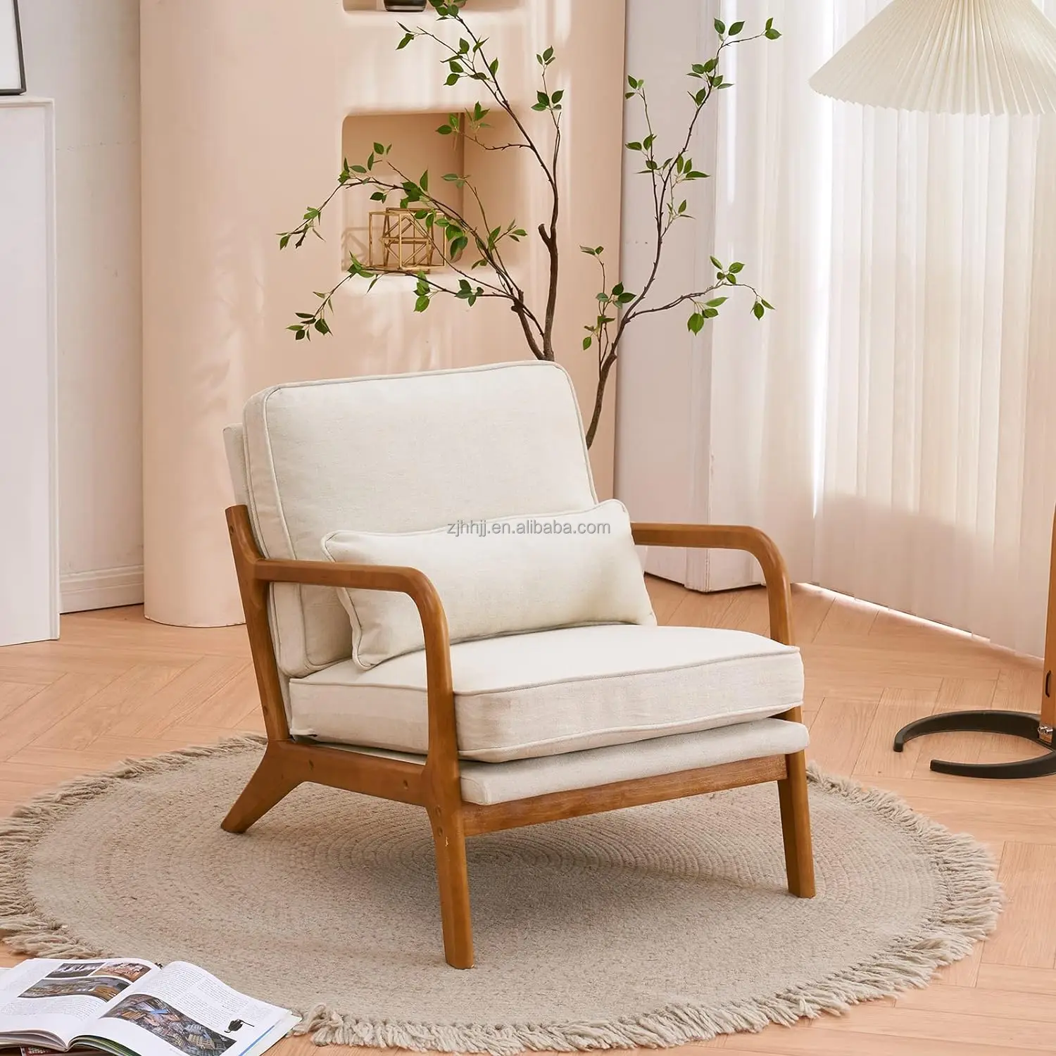 Accent Chair Mid-Century Chair with Pillow Upholstered Lounge Arm Chair with Solid Wood Frame & Soft Cushion for Living Room