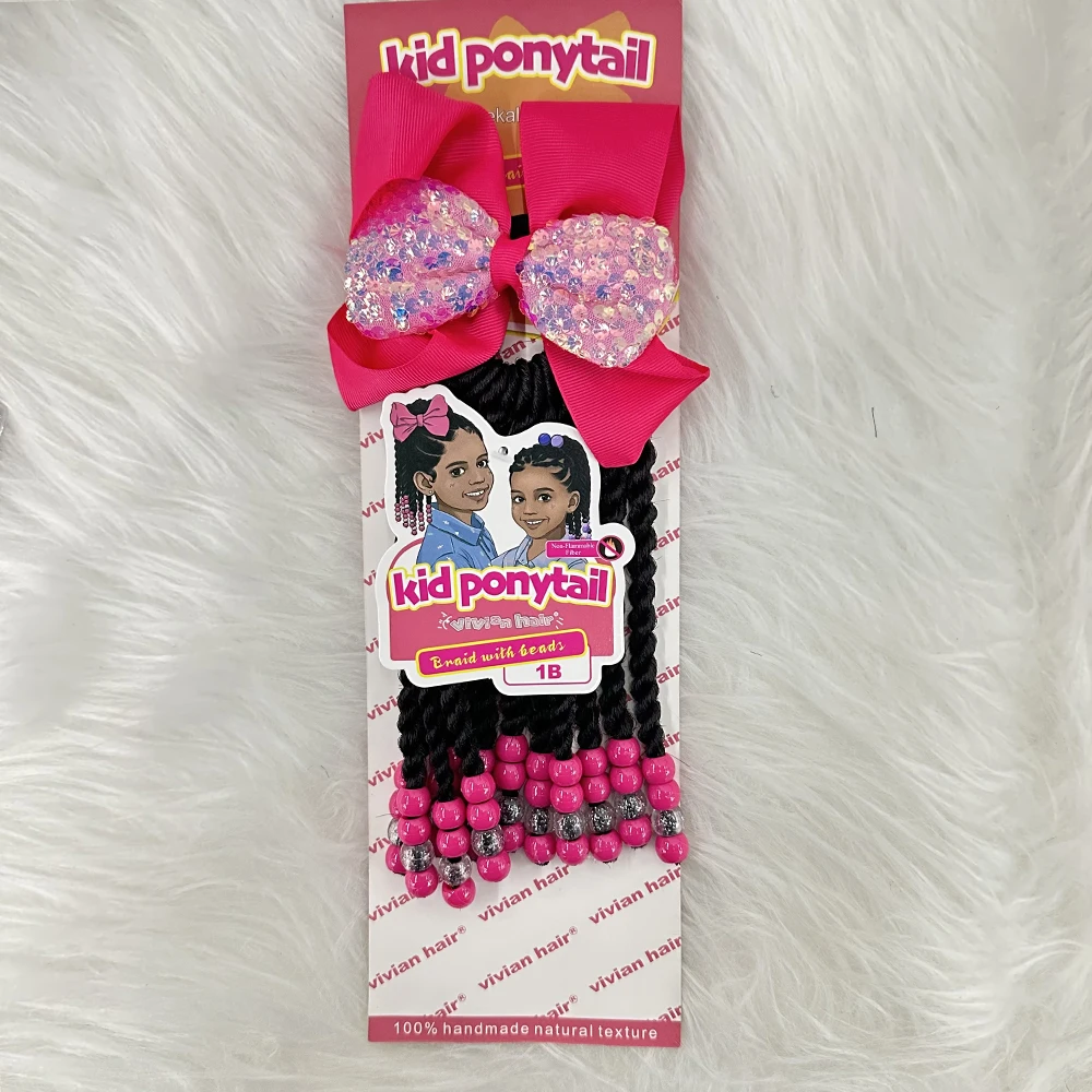 Pink glitter bow with beads ponytail rose pink color 6inch 8inch kids braided ponytail with sengel twist box braid styles