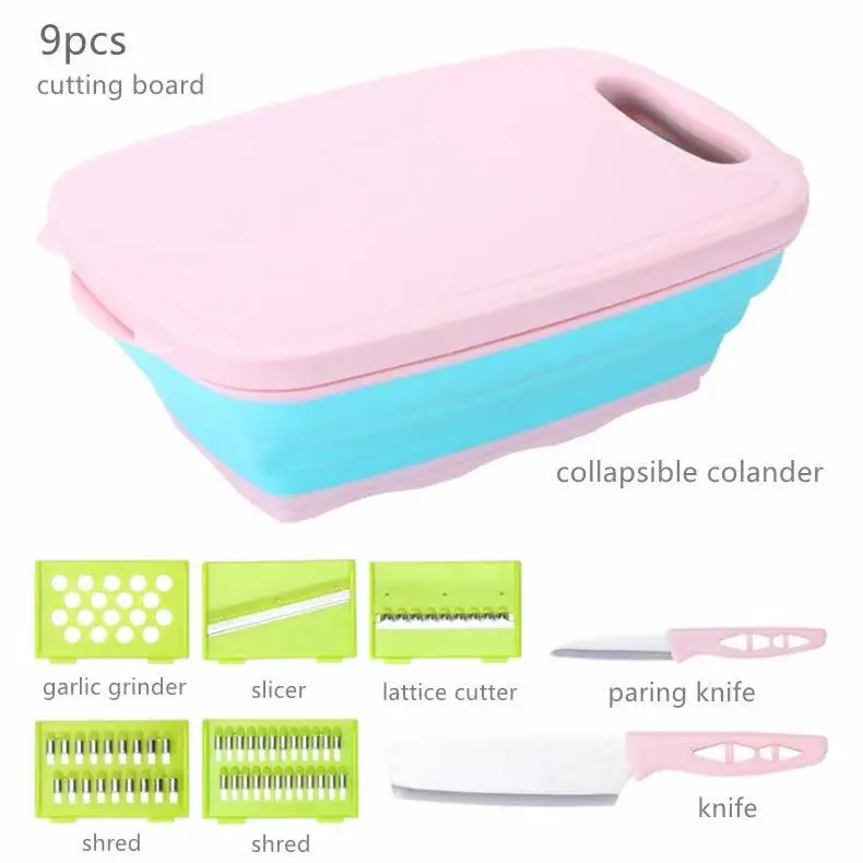 Nine-in-One Silicone Folding Cutting Board Set Square Pattern Collapsible Draining Basket Grater Potato Chopper Kitchen Cooking