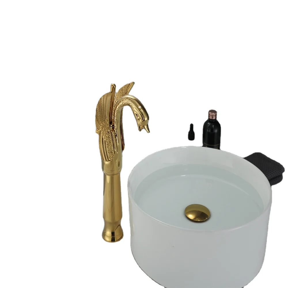 Washroom Basin Hardware Cold and Hot Water Saver Faucet Luxury Swan Shape Single Hole Gold Color Water Tap