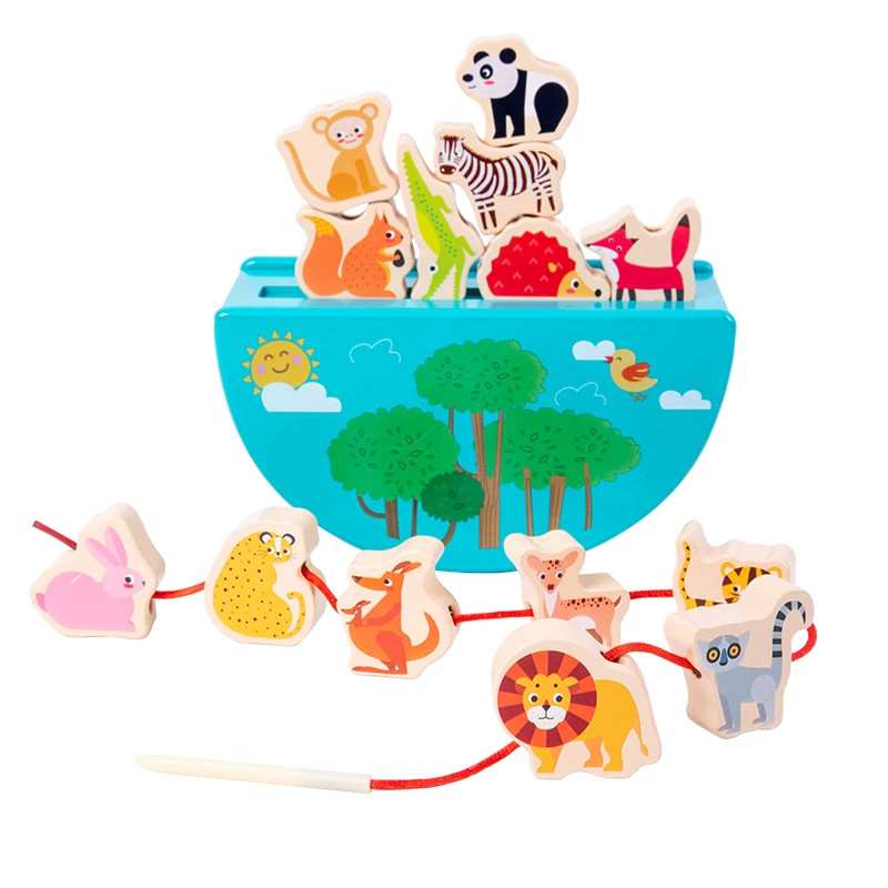 Children 2 In 1 Cartoon Animal Rope Beads String Games Stacking Balance Blcoks For Kids