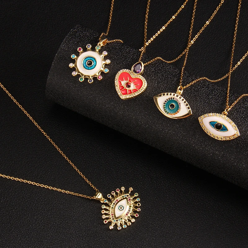 Wholesale Fashion 18K Gold Plated Brass Lucky Devil Eye Jewelry Gifts Cubic Zirconia Evil Eyes Penadnt Necklace for Woman