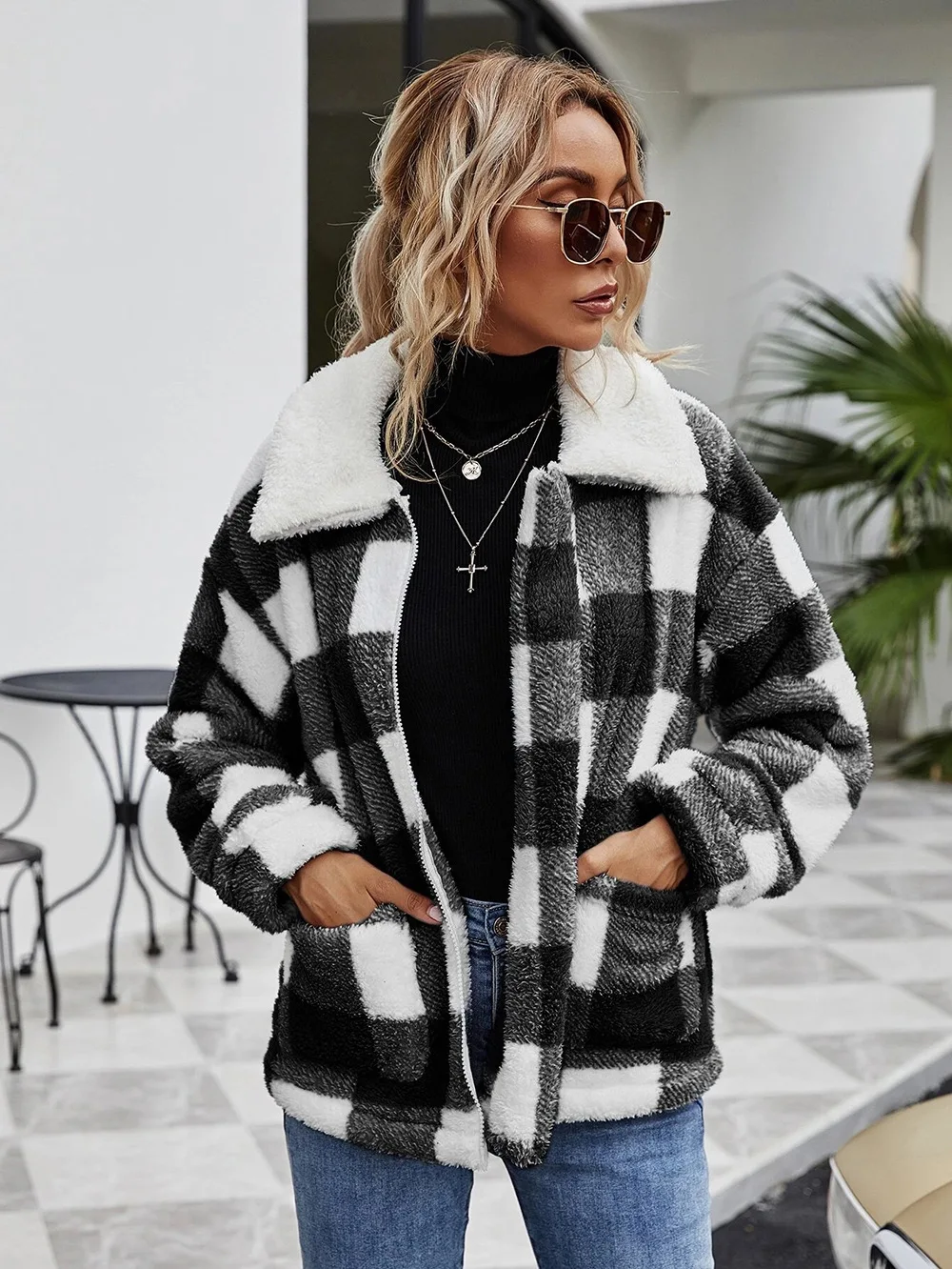 2022 Custom Autumn Women Casual Lapel Button Down Plaid Fleece Coat Tartan Shacket Women Fleece Jackets
