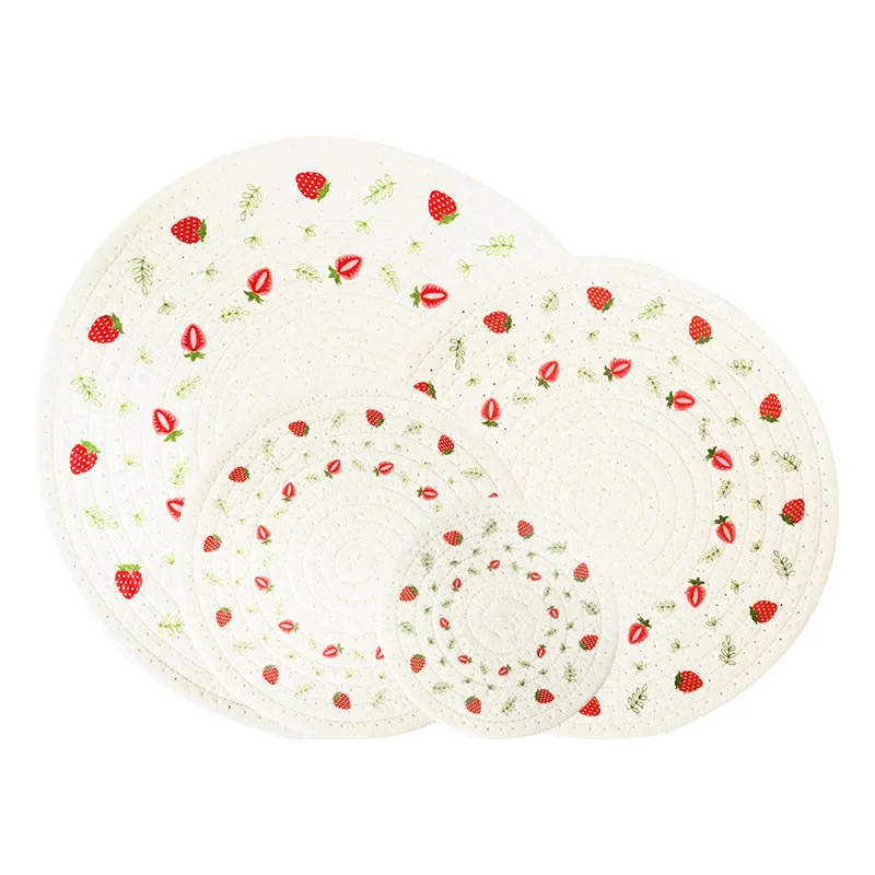 Japanese Printed Strawberry round Woven Cotton Insulated Placemats and Plate Mats Insulated Tea Coasters