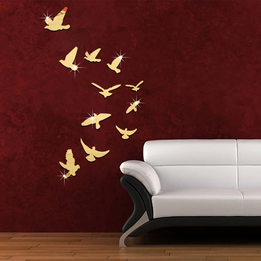 FUNLIFE Mirror Stickers Peel and Stick Wall Decal Mirror Stickers wall sticker decoration 3D Birds for Home Living Room Deco